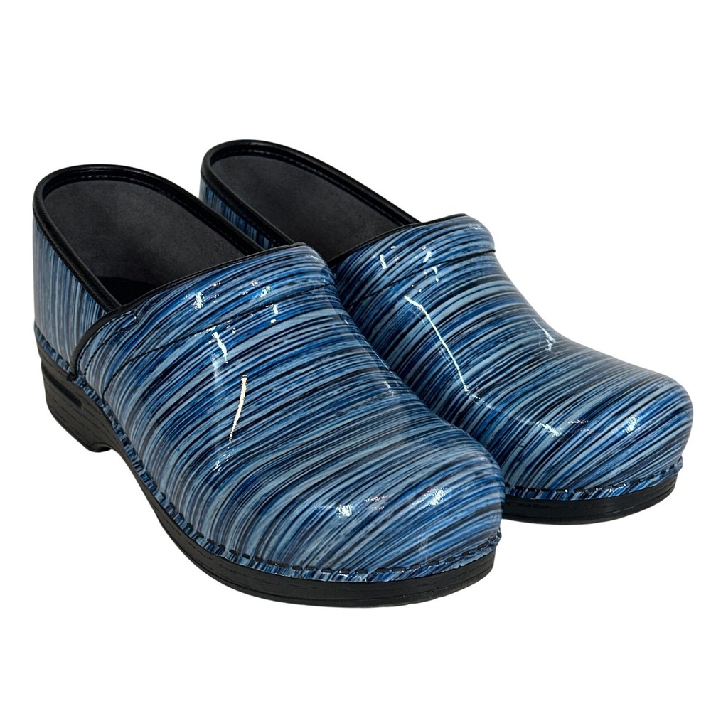 Dansko 41 Clogs Size 10.5 11 Patent Leather Blue Stripes PRO XP No inserts Nurse